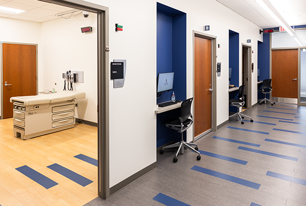 View into an exam room in the Wichman Clinical Teaching and Assessment Center