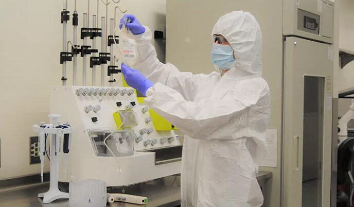 A lab worker growing cells to treat blood diseases