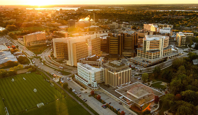 Aerial view of campus at sunset