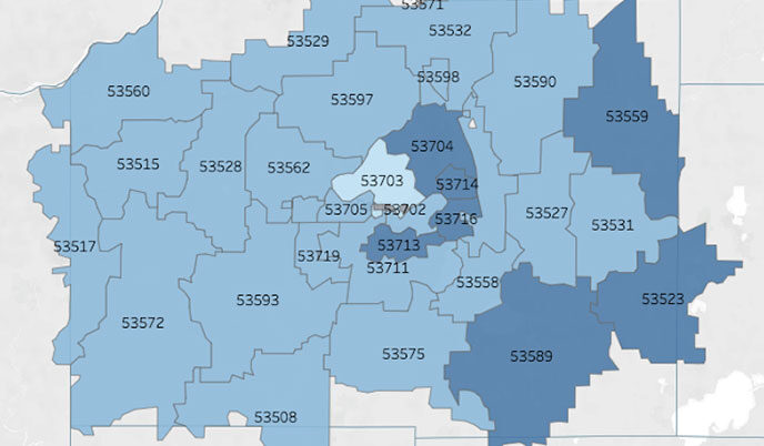 A map of zipcode areas in Dane county highlighted in different shades of blue