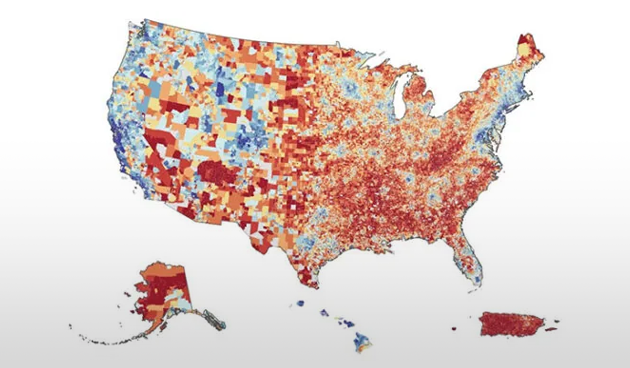 Map of the U.S. with colors showing levels of disadvantage, which is linked to health care outcomes