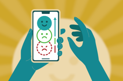illustration of a hand holding a phone with stacked emojis going from sad to happy