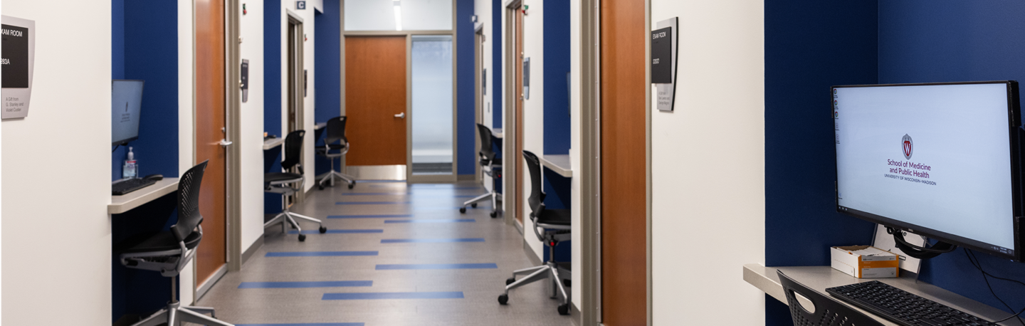 Wichman Clinical Teaching and Assessment Center facility hallway with computer stations